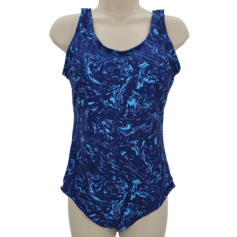 Zando Womans size L Water Print Criss Cross Back One Piece Swimsuit Blue NWOT